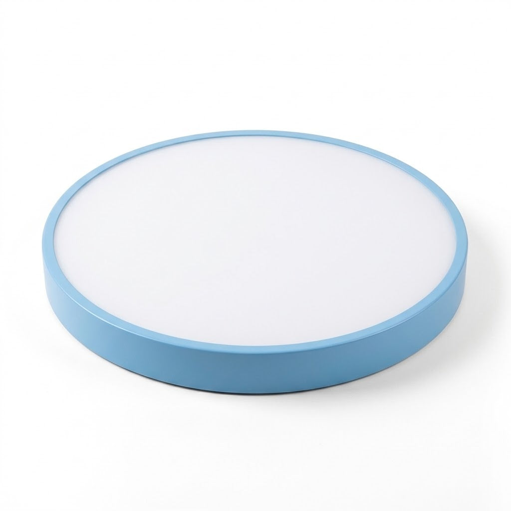 Round ceiling light with a light blue rim and white diffuser, shown at an angle against a white background.