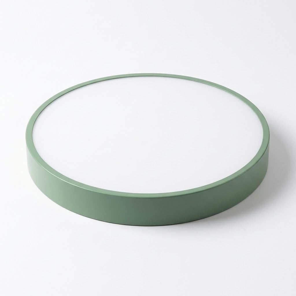 Round ceiling light with a sage green rim and white diffuser, shown at an angle against a white background.