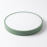 Round ceiling light with a sage green rim and white diffuser, shown at an angle against a white background.