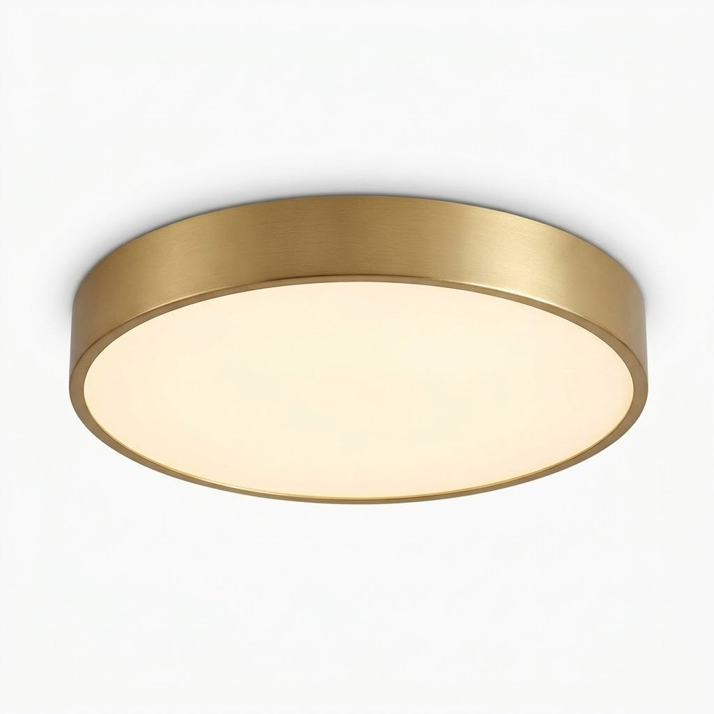 A modern flush-mount ceiling light with a brushed brass gold metal frame and a warm white frosted glass diffuser, shown against a plain white background.