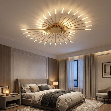 A modern starburst ceiling light fixture with multiple illuminated cylindrical bulbs on radiating metal arms, installed in a contemporary bedroom with beige walls, a bed, curtains, and a chair.