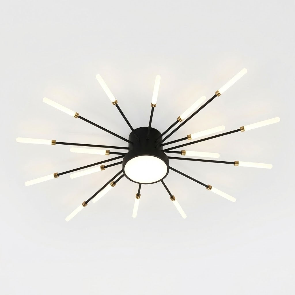 A modern ceiling light fixture with a black central body and multiple black radiating arms ending in white cylindrical bulbs, accented with small gold-toned hardware, shown against a plain light background.