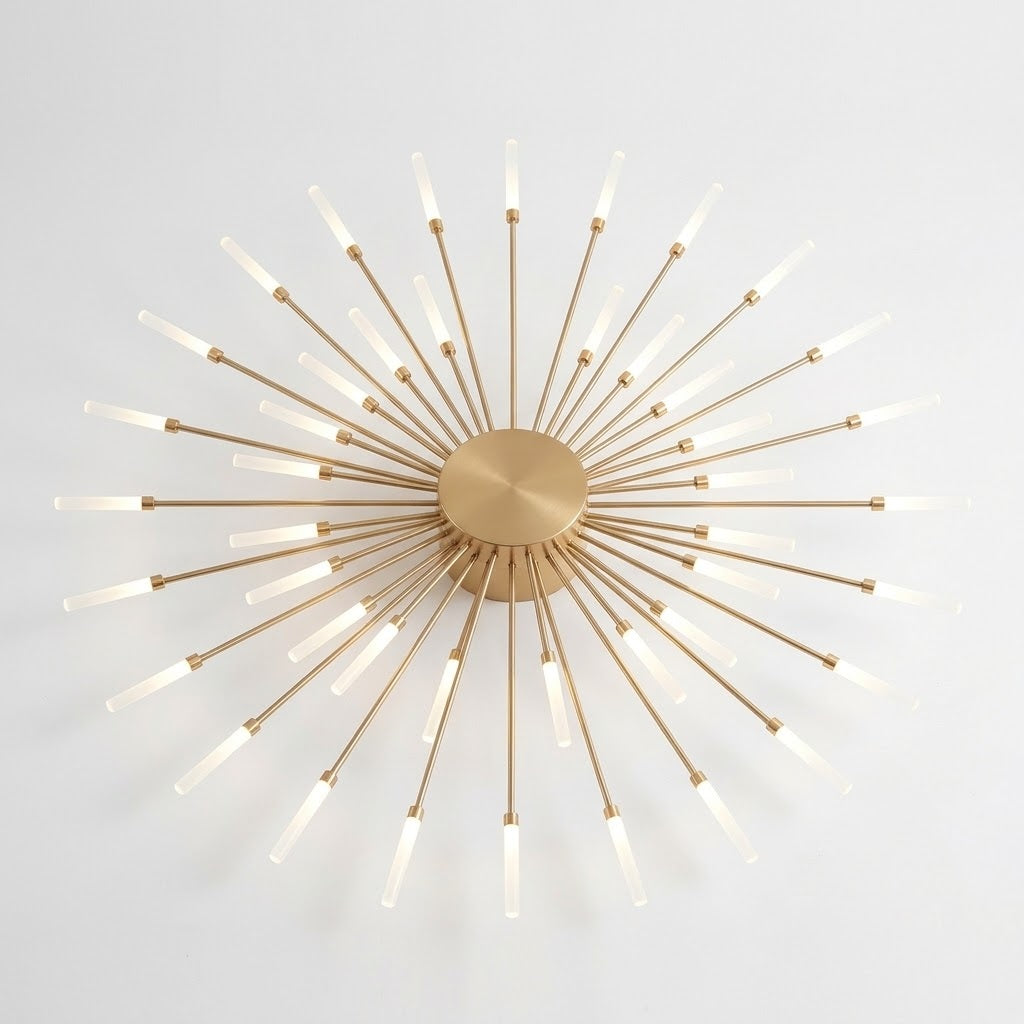 Gold metal ceiling light with a circular center and layered starburst rods ending in glowing white tips against a white background.