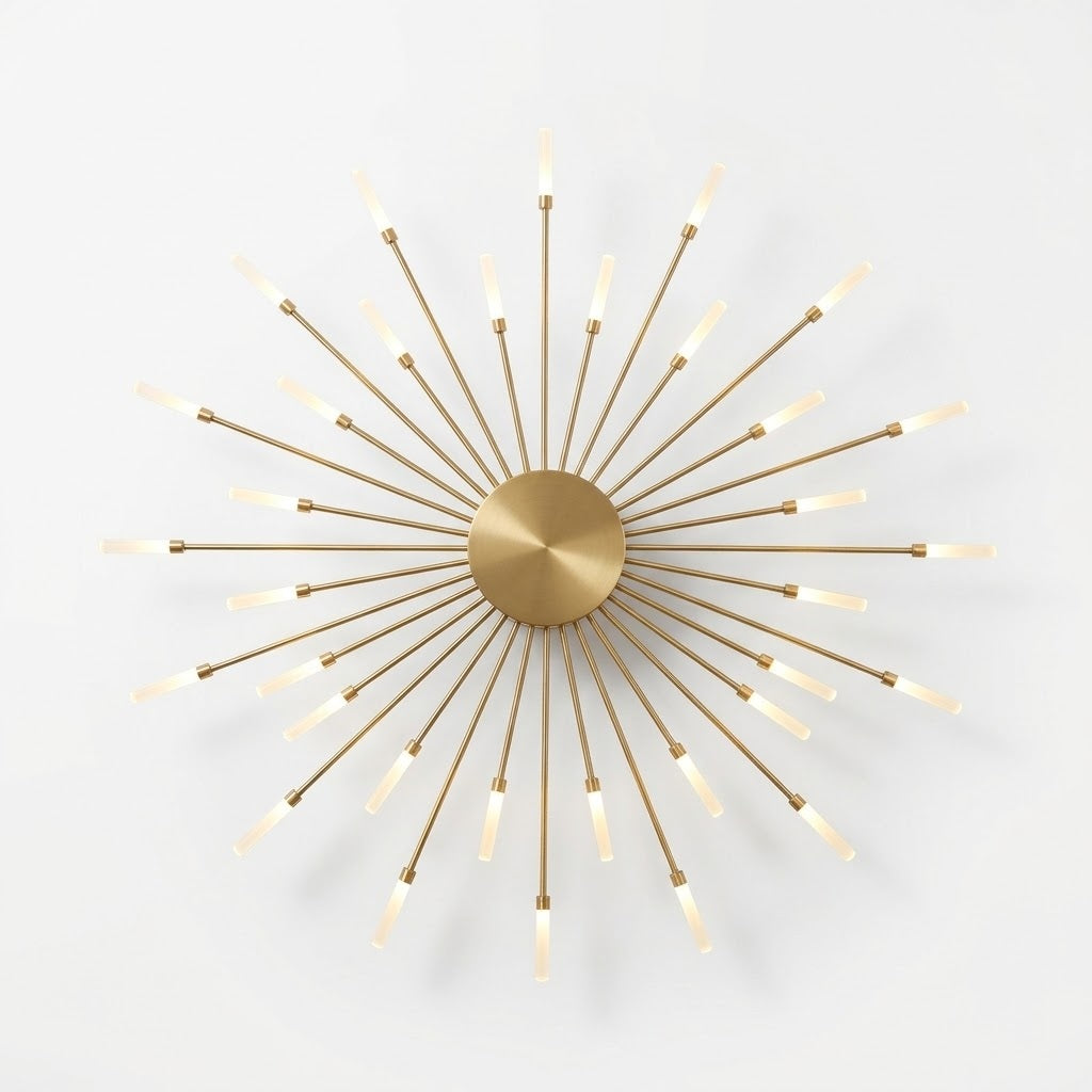 Gold metal ceiling light with a brushed circular center and alternating long and short illuminated rods against a white background.