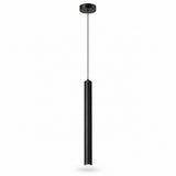 A modern black cylindrical pendant light suspended by a slim cord from a matching circular ceiling canopy, shown against a plain white background.