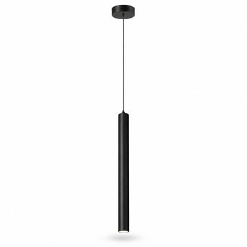 A modern black cylindrical pendant light suspended by a slim cord from a matching circular ceiling canopy, shown against a plain white background.