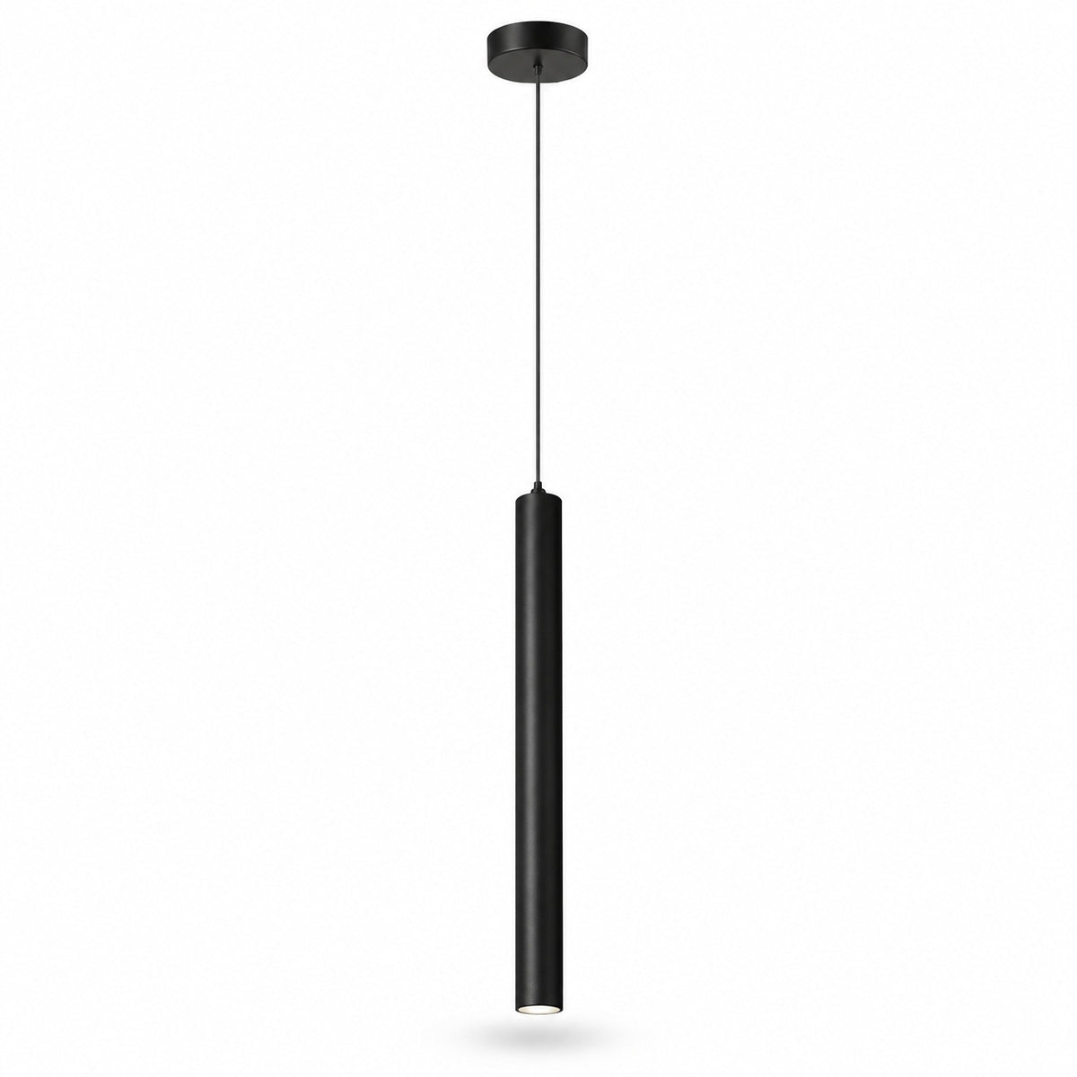 A modern black cylindrical pendant light suspended by a slim cord from a matching circular ceiling canopy, shown against a plain white background.