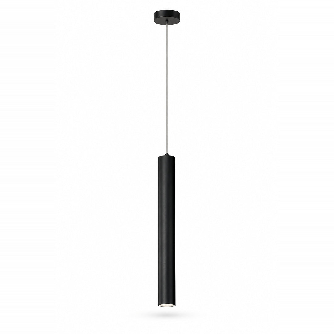 A modern black cylindrical pendant light suspended by a slim silver rod from a matching black ceiling canopy, shown against a plain white background.