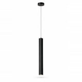 A modern black cylindrical pendant light suspended by a slim silver rod from a matching black ceiling canopy, shown against a plain white background.
