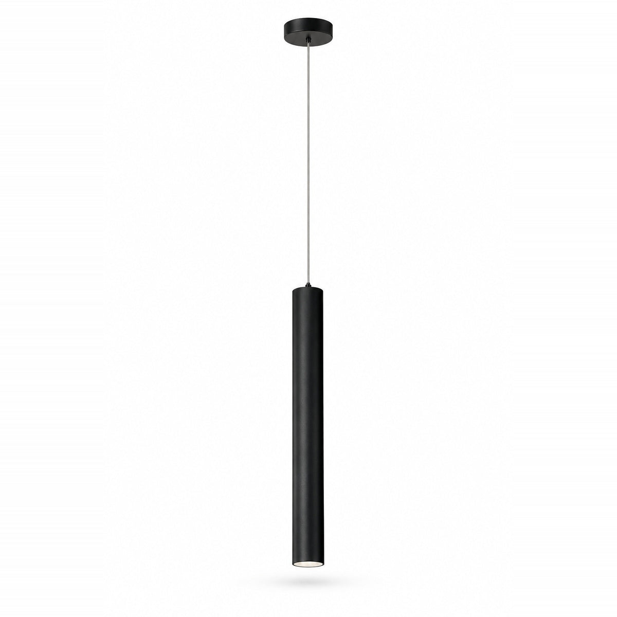 A modern black cylindrical pendant light suspended by a slim silver rod from a matching black ceiling canopy, shown against a plain white background.