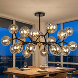 Glass Globe Chandelier with Modern Chandelier Globes in Amber or Smoke Gray, Black Iron Frame, 6–20 Lights