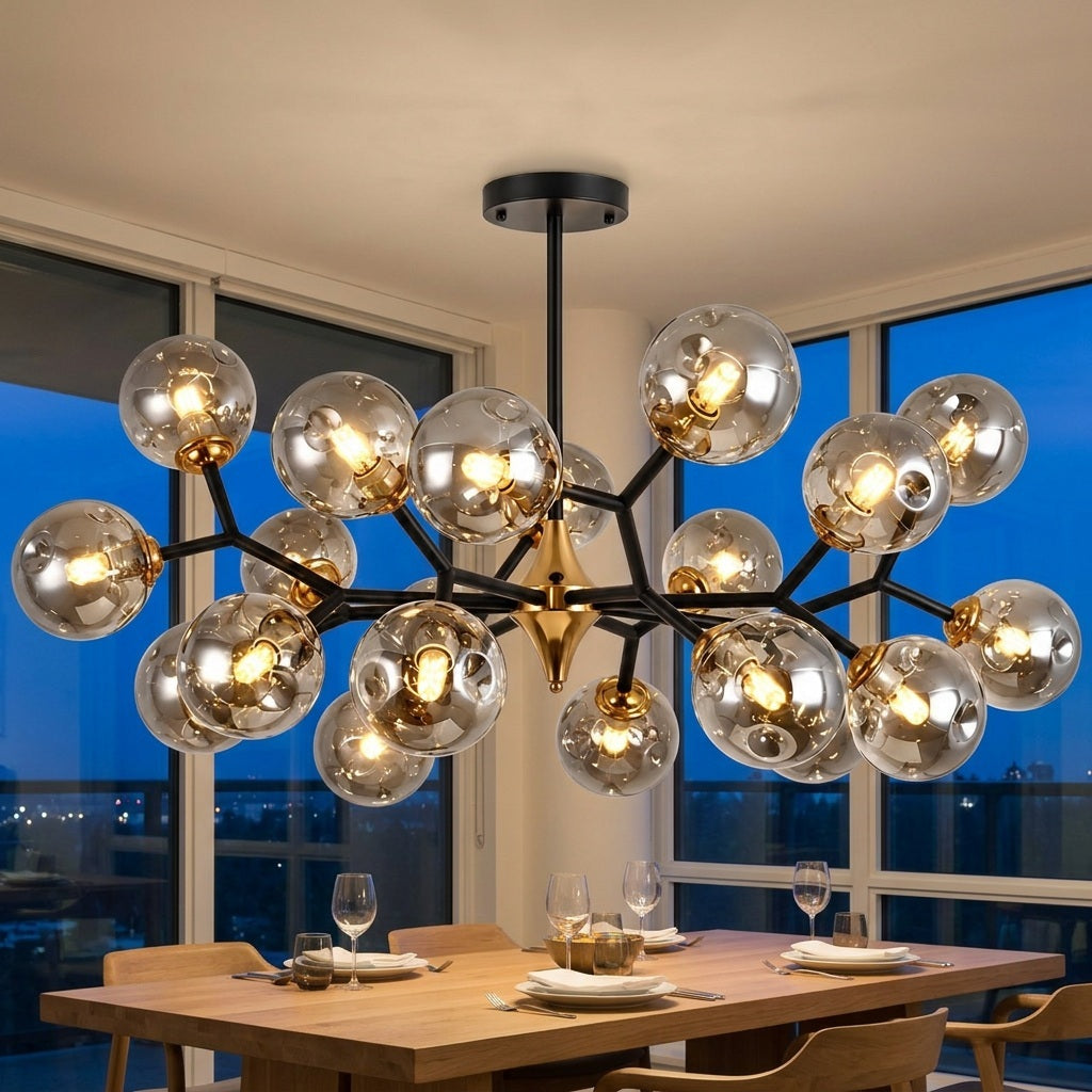 Glass Globe Chandelier with Modern Chandelier Globes in Amber or Smoke Gray, Black Iron Frame, 6–20 Lights