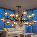 Glass Globe Chandelier with Modern Chandelier Globes in Amber or Smoke Gray, Black Iron Frame, 6–20 Lights