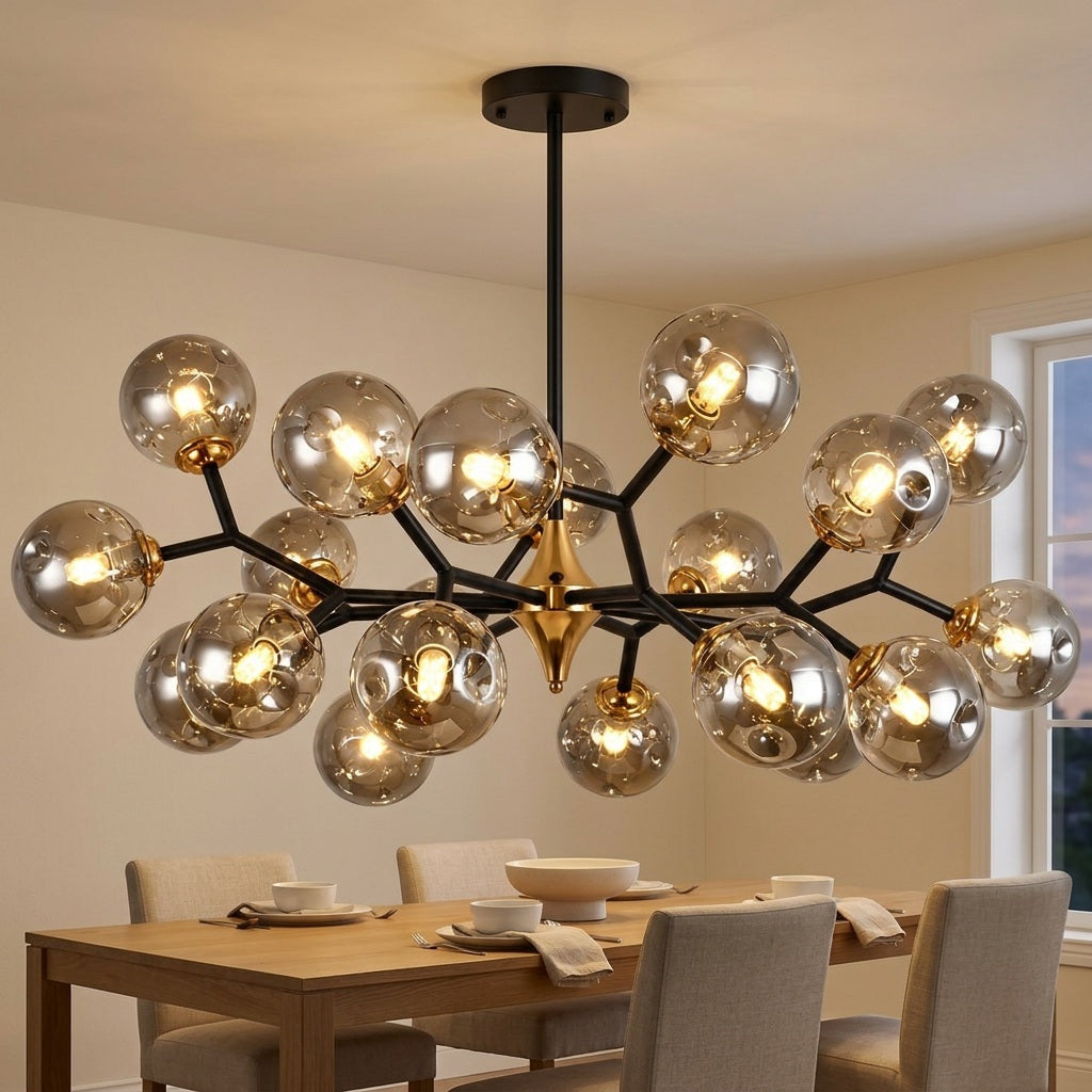 Glass Globe Chandelier with Modern Chandelier Globes in Amber or Smoke Gray, Black Iron Frame, 6–20 Lights