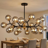Glass Globe Chandelier with Modern Chandelier Globes in Amber or Smoke Gray, Black Iron Frame, 6–20 Lights
