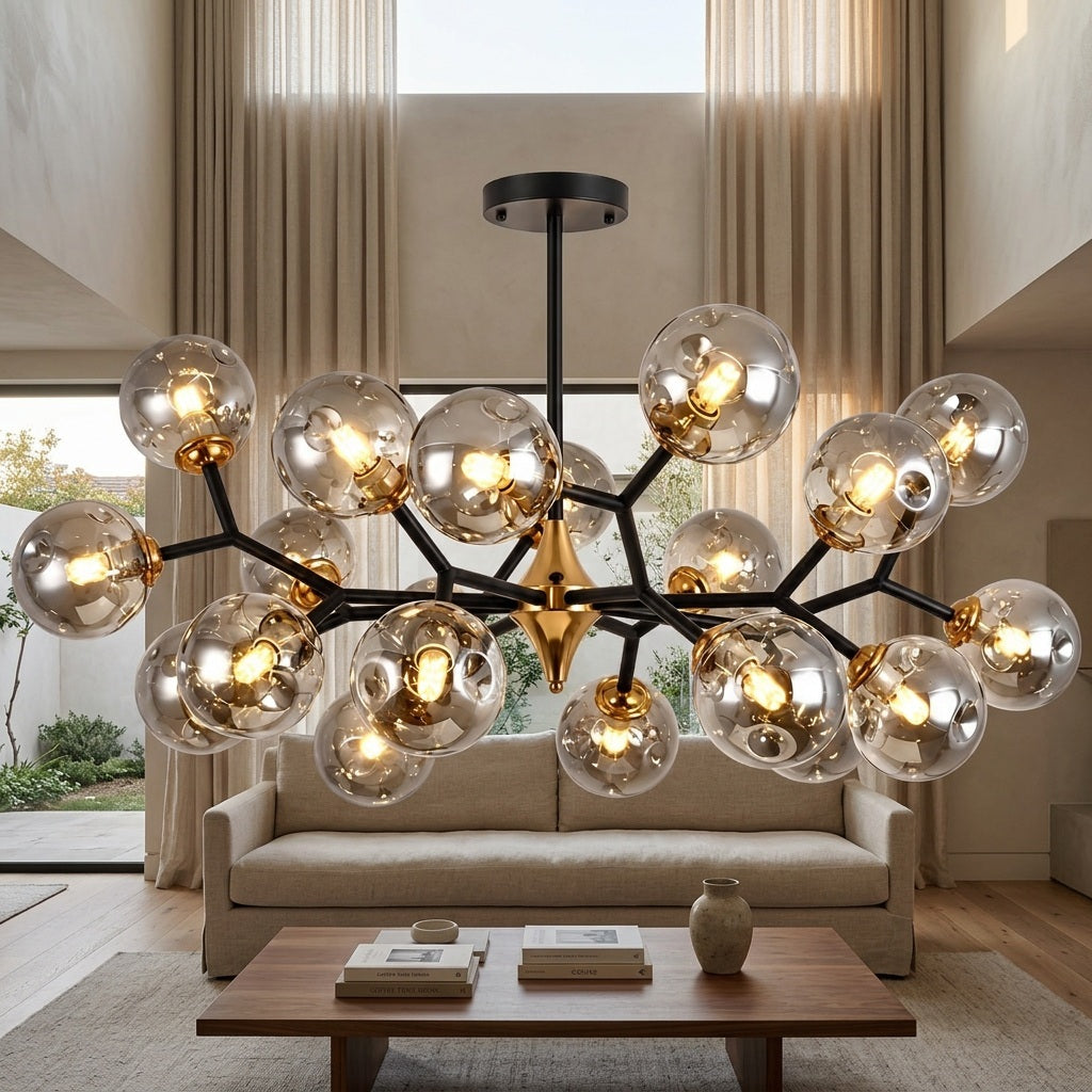 Glass Globe Chandelier with Modern Chandelier Globes in Amber or Smoke Gray, Black Iron Frame, 6–20 Lights