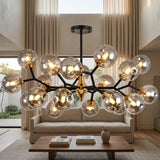 Glass Globe Chandelier with Modern Chandelier Globes in Amber or Smoke Gray, Black Iron Frame, 6–20 Lights