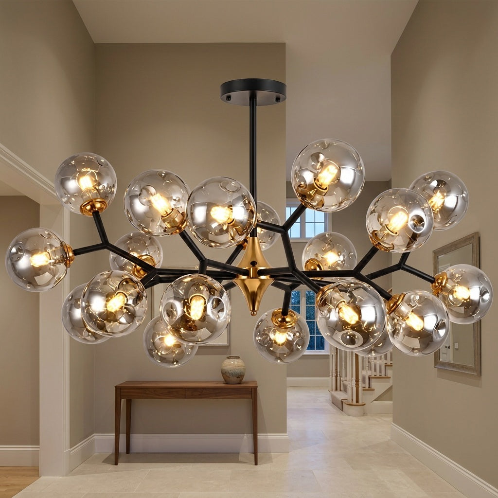 Glass Globe Chandelier with Modern Chandelier Globes in Amber or Smoke Gray, Black Iron Frame, 6–20 Lights