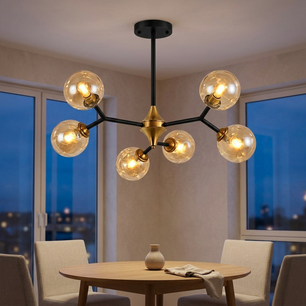 Glass Globe Chandelier with Modern Chandelier Globes in Amber or Smoke Gray, Black Iron Frame, 6–20 Lights
