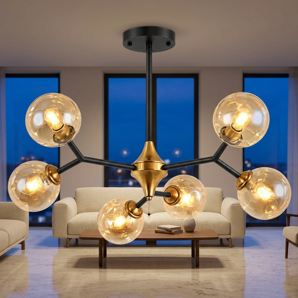 Glass Globe Chandelier with Modern Chandelier Globes in Amber or Smoke Gray, Black Iron Frame, 6–20 Lights
