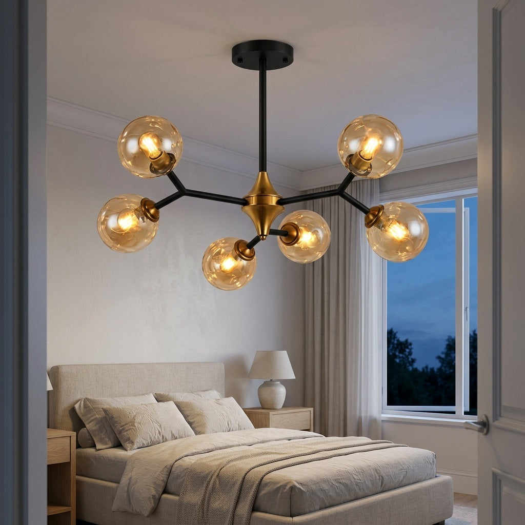 Glass Globe Chandelier with Modern Chandelier Globes in Amber or Smoke Gray, Black Iron Frame, 6–20 Lights