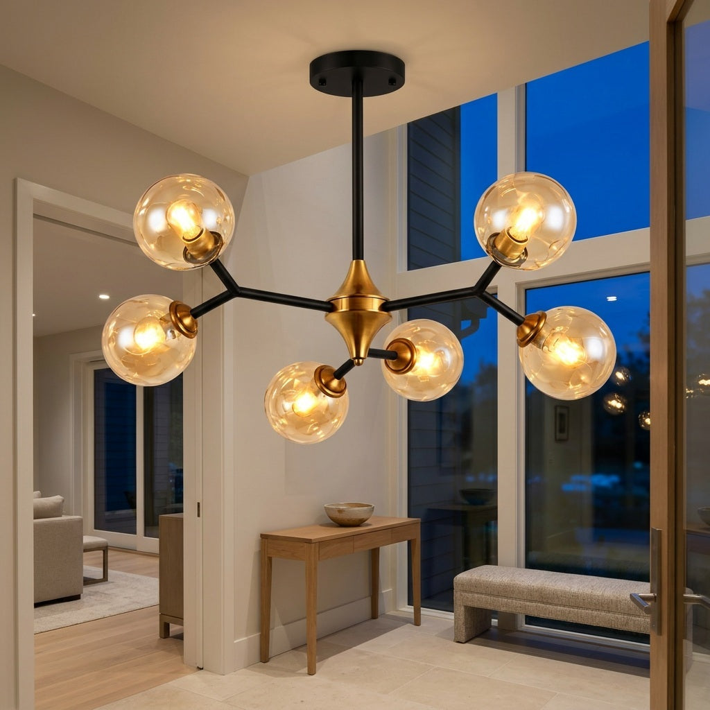 Glass Globe Chandelier with Modern Chandelier Globes in Amber or Smoke Gray, Black Iron Frame, 6–20 Lights