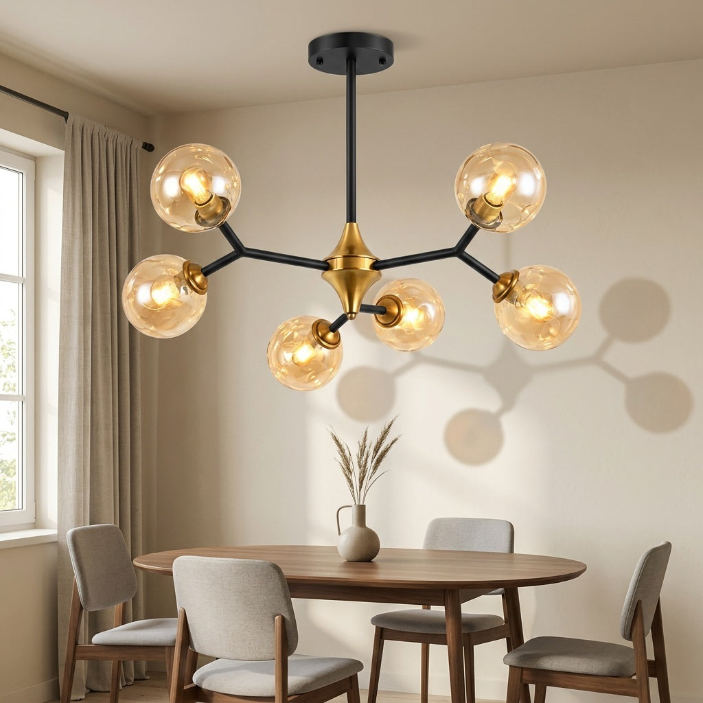 Glass Globe Chandelier with Modern Chandelier Globes in Amber or Smoke Gray, Black Iron Frame, 6–20 Lights