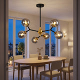 Glass Globe Chandelier with Modern Chandelier Globes in Amber or Smoke Gray, Black Iron Frame, 6–20 Lights