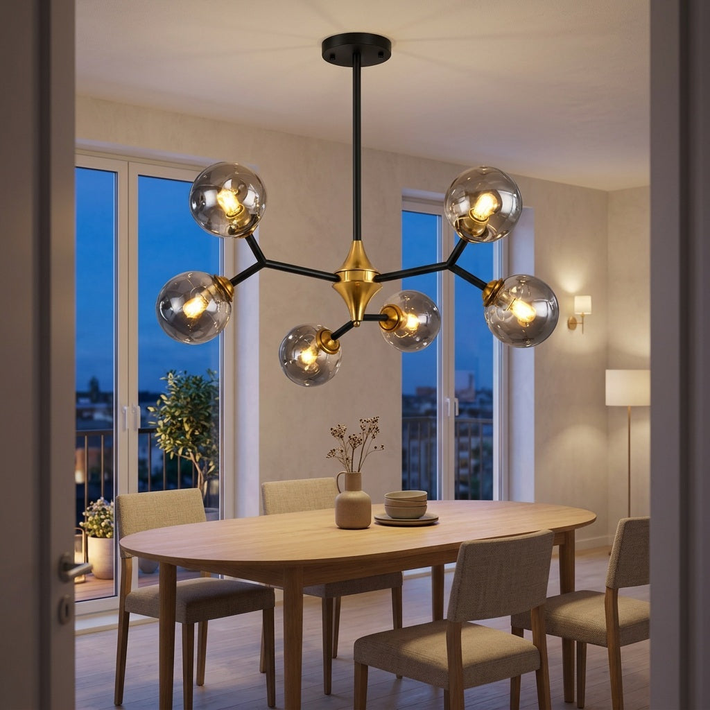 Glass Globe Chandelier with Modern Chandelier Globes in Amber or Smoke Gray, Black Iron Frame, 6–20 Lights