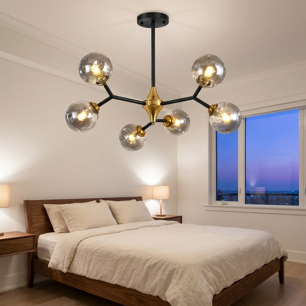 Glass Globe Chandelier with Modern Chandelier Globes in Amber or Smoke Gray, Black Iron Frame, 6–20 Lights