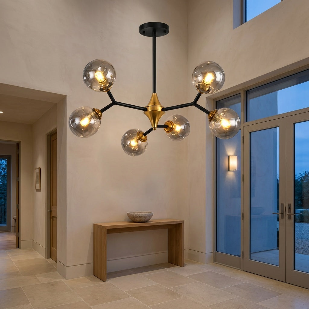 Glass Globe Chandelier with Modern Chandelier Globes in Amber or Smoke Gray, Black Iron Frame, 6–20 Lights