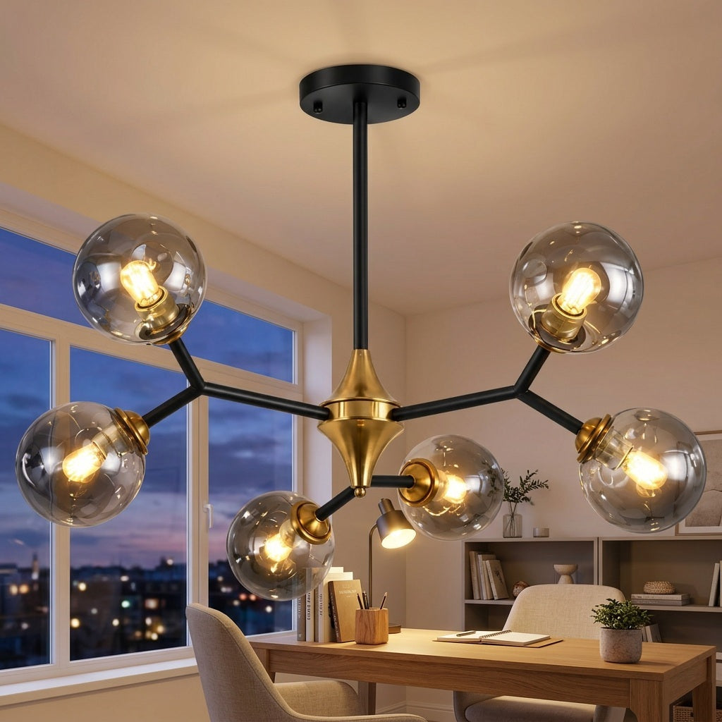 Glass Globe Chandelier with Modern Chandelier Globes in Amber or Smoke Gray, Black Iron Frame, 6–20 Lights