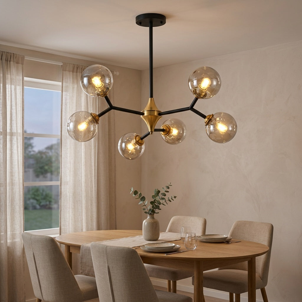Glass Globe Chandelier with Modern Chandelier Globes in Amber or Smoke Gray, Black Iron Frame, 6–20 Lights