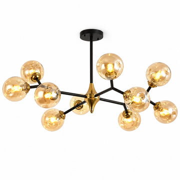 A modern chandelier light fixture with a black central stem and canopy, a gold-toned central cone, and nine clear glass globes on black arms radiating from a brass-finish center, shown against a plain white background.