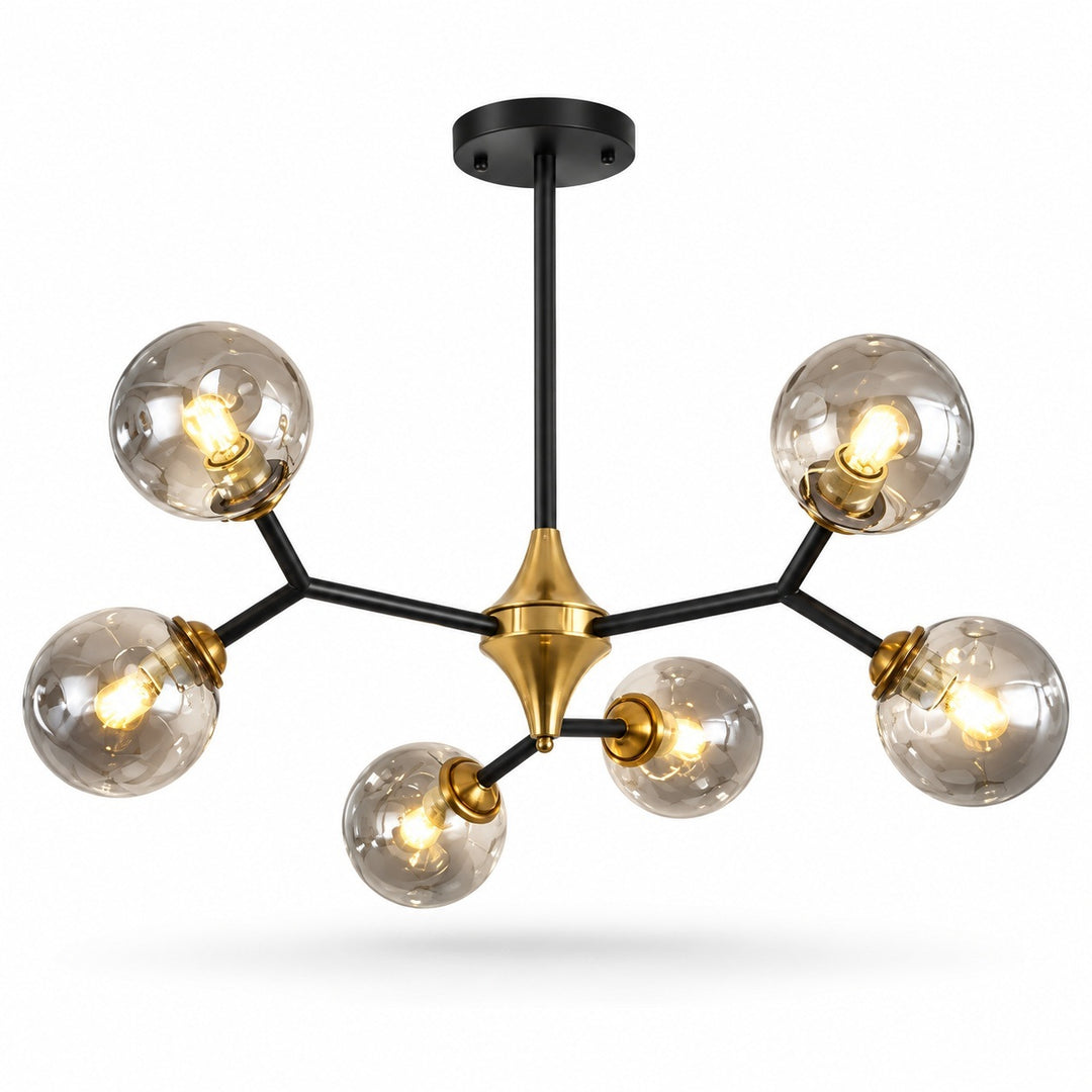 A modern six-light chandelier with a black metal frame, a gold central cone, and six clear glass globes containing glowing warm bulbs, shown against a plain white background.