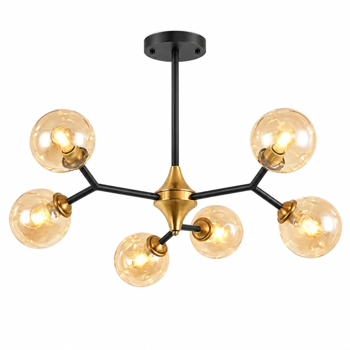 A modern six-light chandelier with a matte black metal frame and central gold-finished cone, featuring six clear glass globe shades that glow with warm light, shown against a plain white background.
