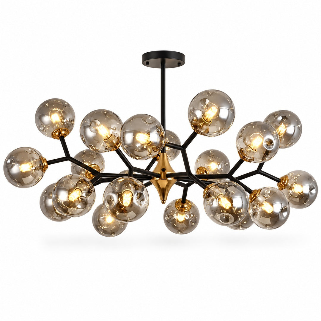 A modern multi-light cluster chandelier with a black metal frame and multiple spherical smoked glass shades, shown illuminated against a white background.
