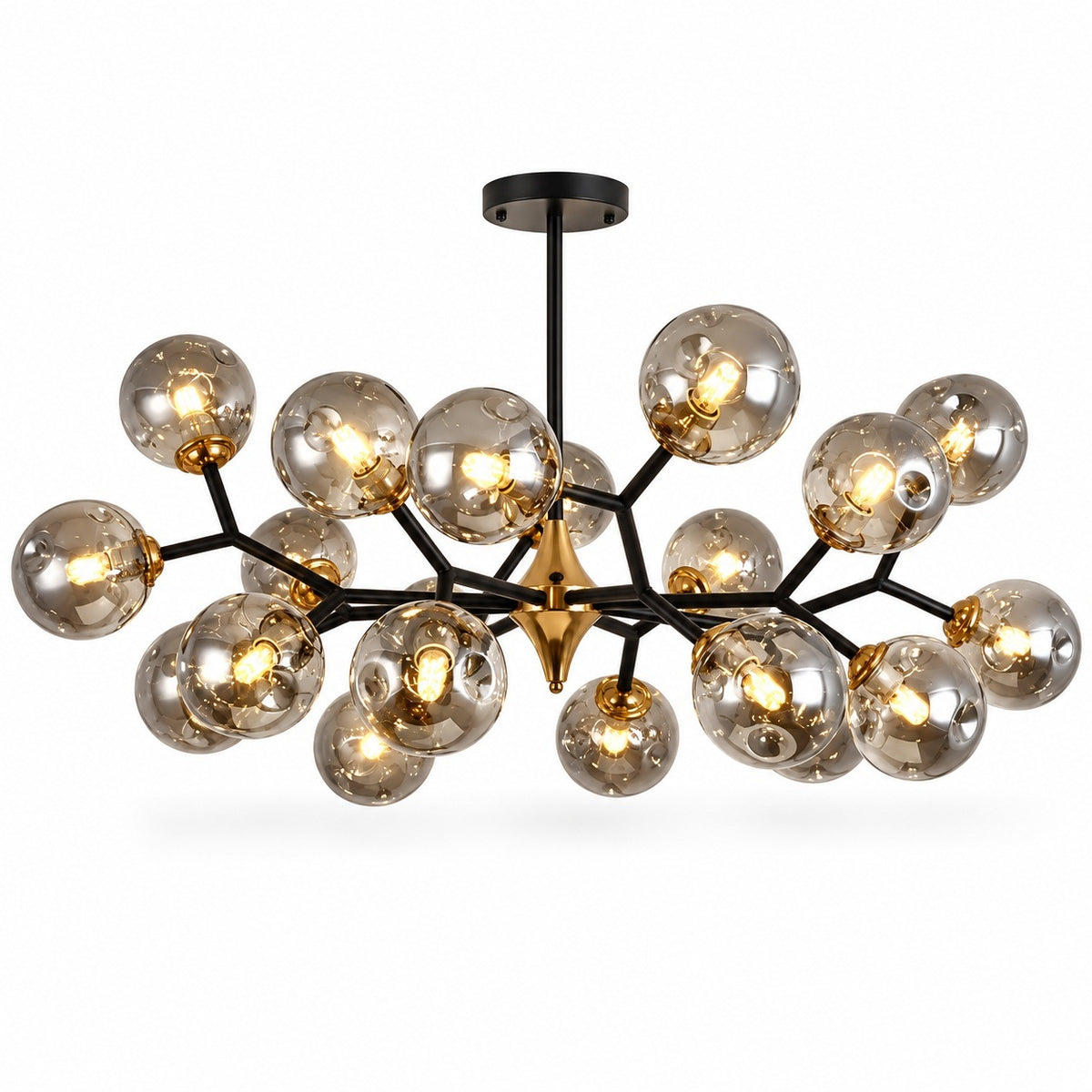 A modern multi-light cluster chandelier with a black metal frame and multiple spherical smoked glass shades, shown illuminated against a white background.