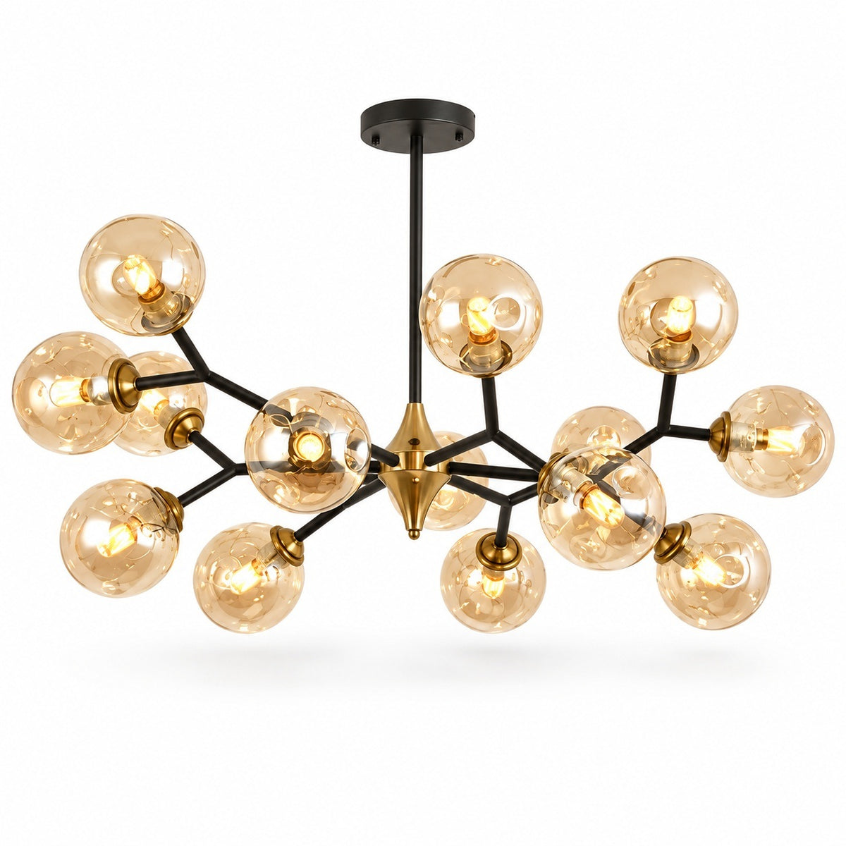 A modern multi-arm chandelier with a black metal frame and multiple clear glass globes, shown illuminated against a plain white background.