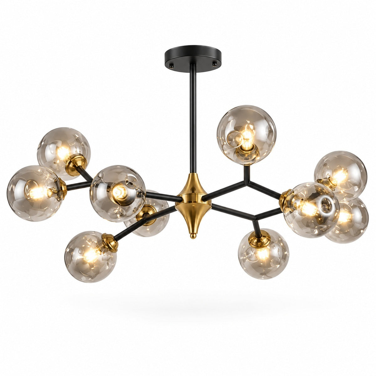Modern multi-light chandelier with a black metal frame, a central gold finial, and multiple clear glass globes housing warm Edison-style bulbs, shown on a white background.