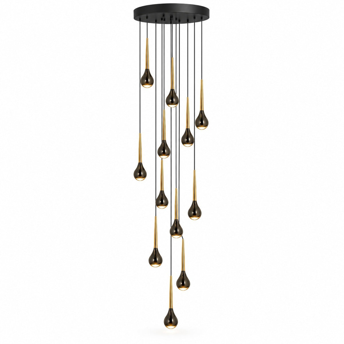 A modern multi-light chandelier with a circular black ceiling canopy, featuring multiple slender black cords suspending teardrop-shaped bulbs with a brushed gold finish, set against a plain white background.