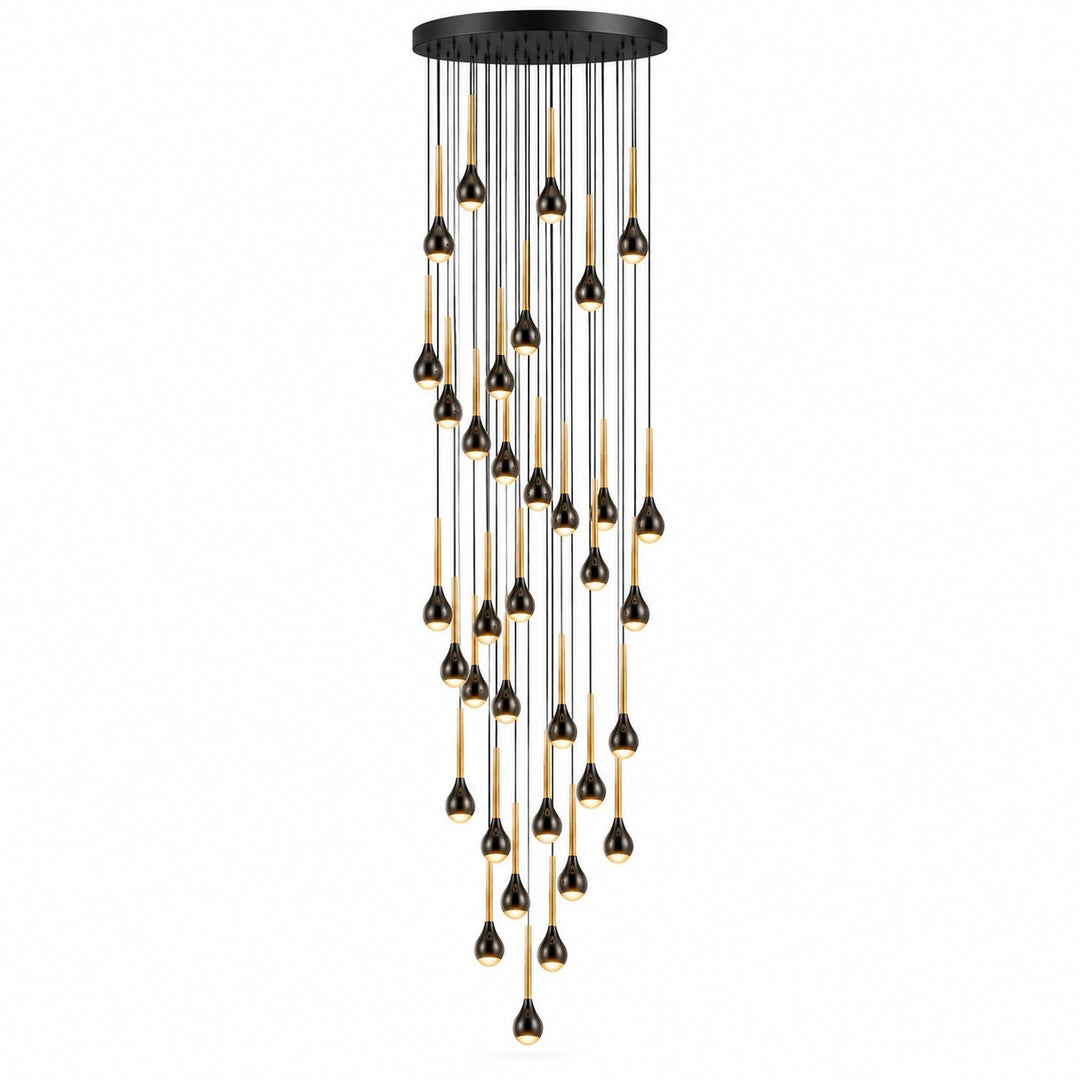 A modern multi-light linear chandelier with a black circular ceiling canopy, black metal rods, and numerous teardrop-shaped bulbs with black tops and gold lower rims, shown against a plain white background.