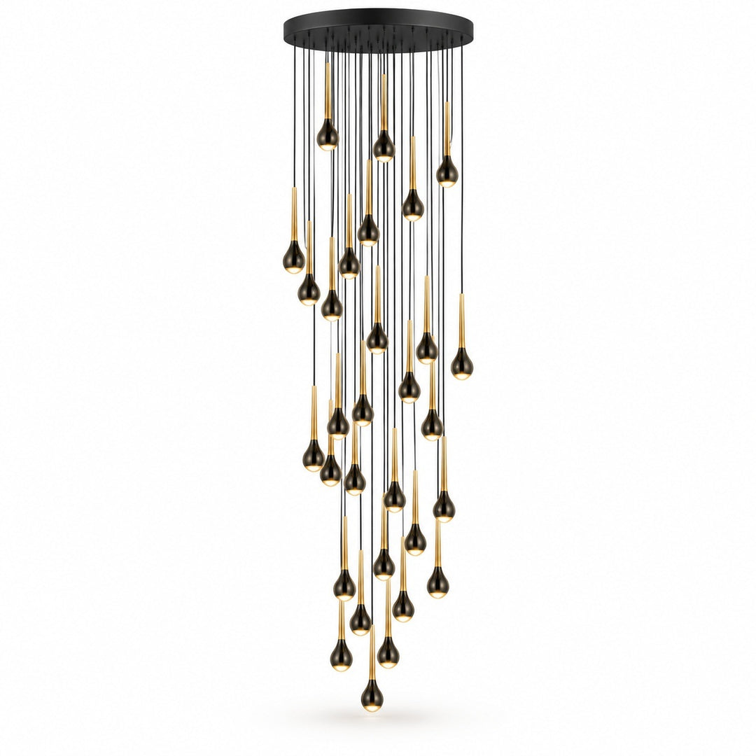 A modern multi-light linear chandelier with a matte black canopy and multiple hanging teardrop-shaped bulbs that have black tops and brushed gold middle sections, shown against a plain white background.