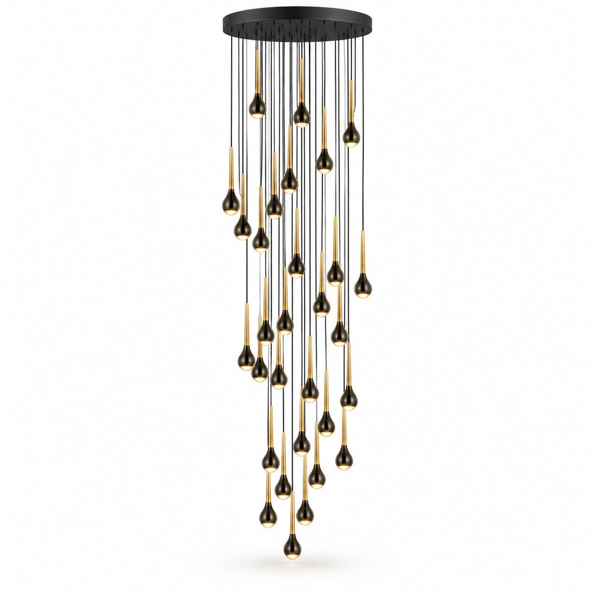 A modern multi-light linear chandelier with a matte black canopy and multiple hanging teardrop-shaped bulbs that have black tops and brushed gold middle sections, shown against a plain white background.