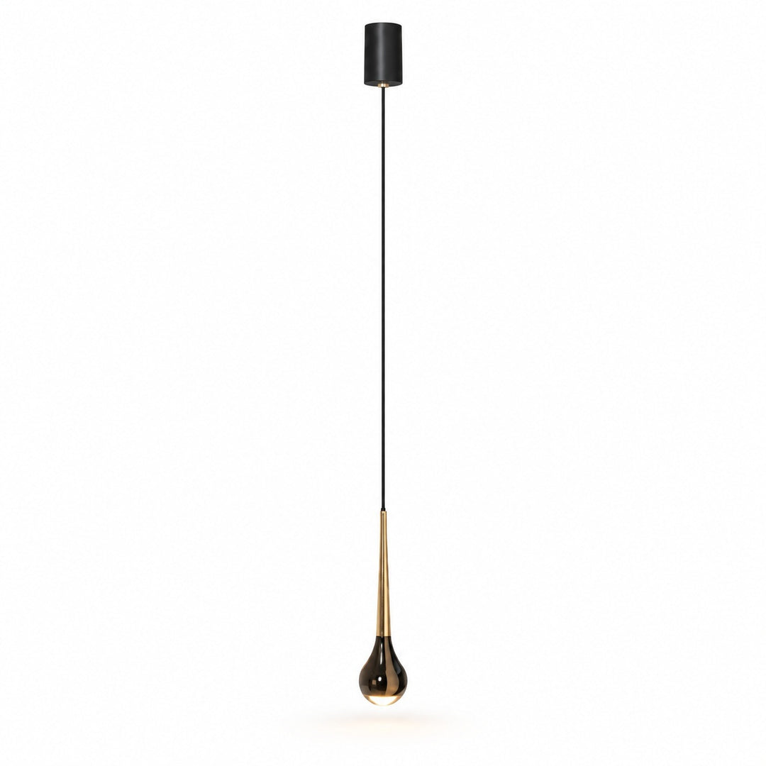 Chandelier with a single gold-toned teardrop light, long black cord, and cylindrical black ceiling canopy against a white background.