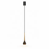 Chandelier with a single gold-toned teardrop light, long black cord, and cylindrical black ceiling canopy against a white background.