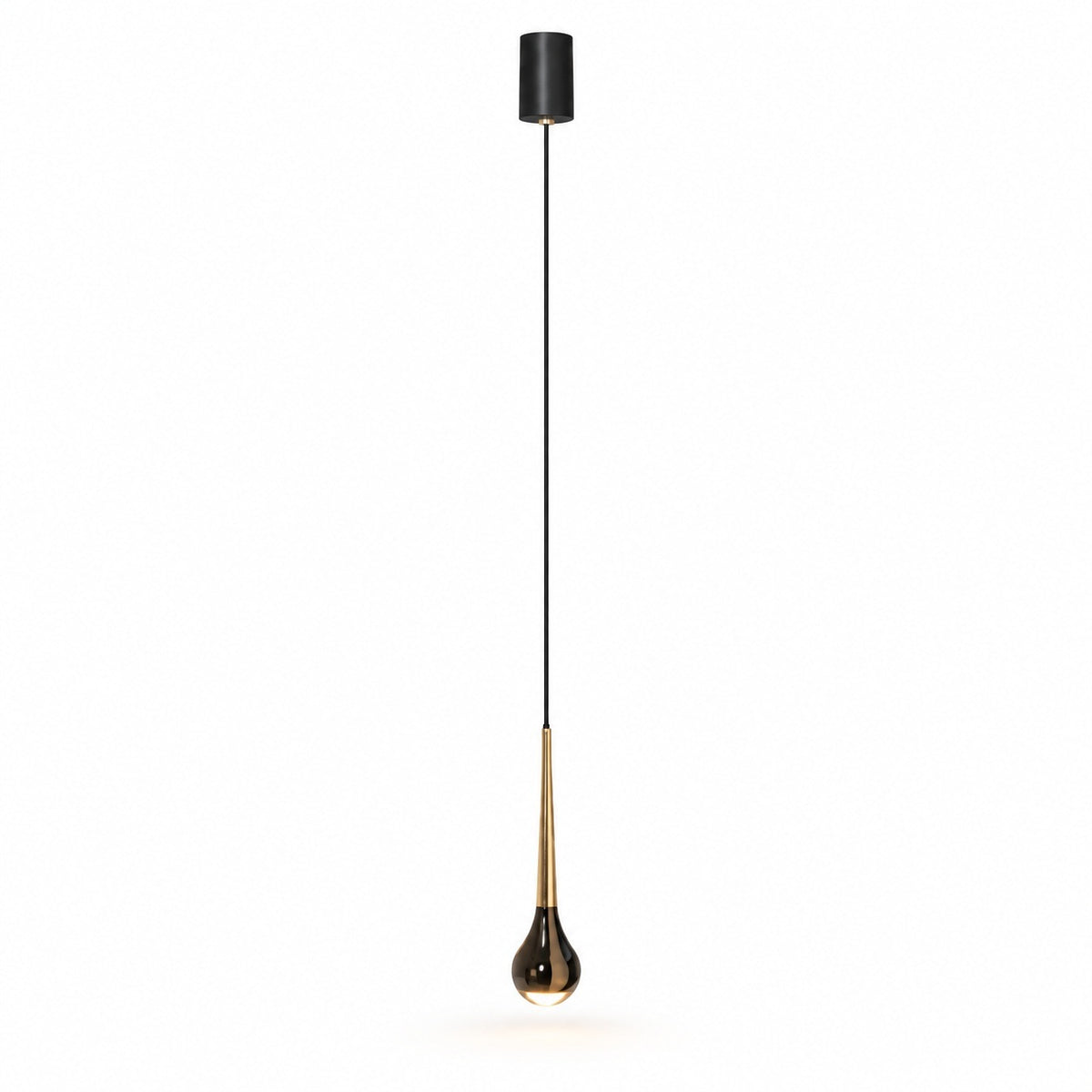 Chandelier with a single gold-toned teardrop light, long black cord, and cylindrical black ceiling canopy against a white background.