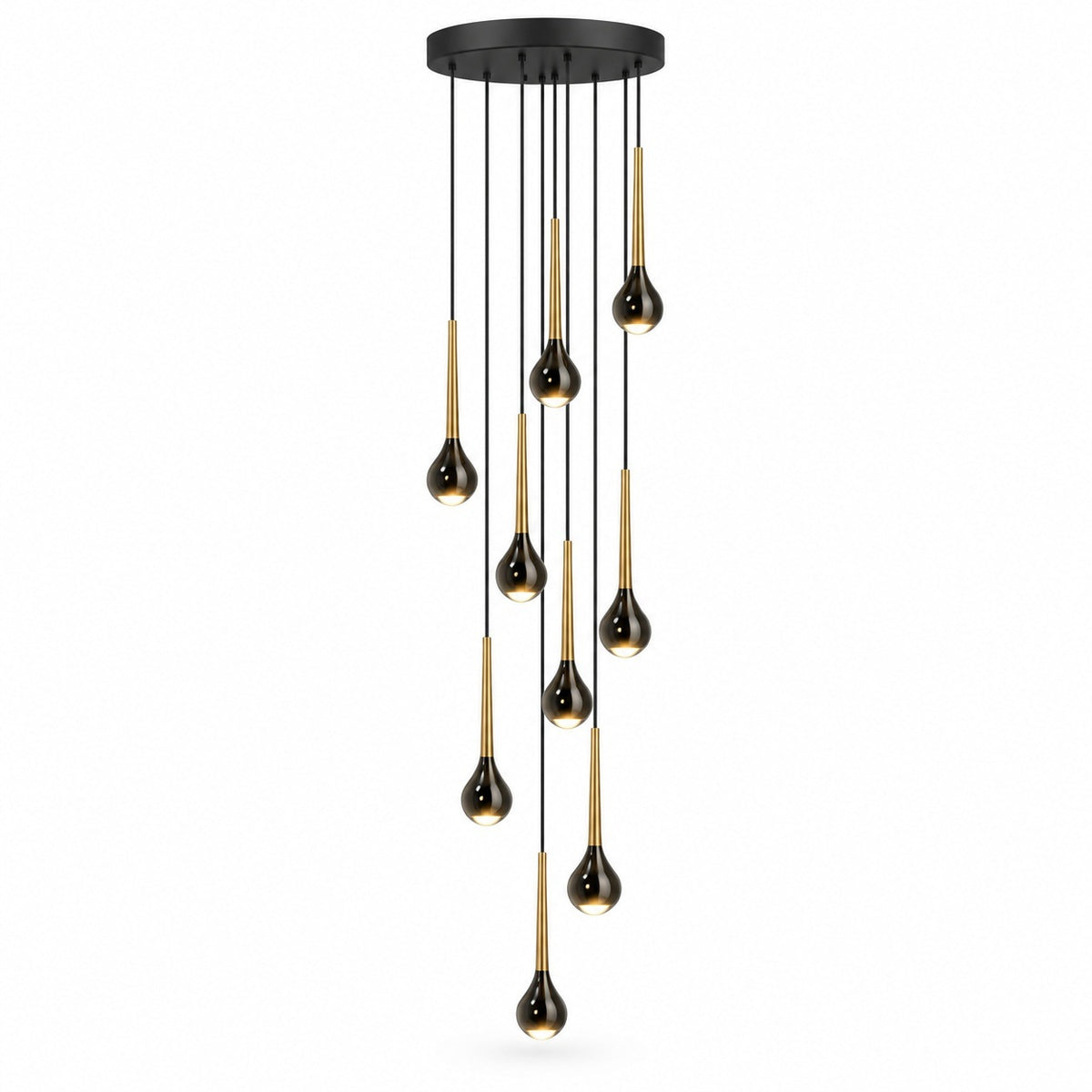 A modern chandelier with a circular black ceiling canopy and nine hanging teardrop-shaped bulbs in black and brushed gold, shown against a plain white background.