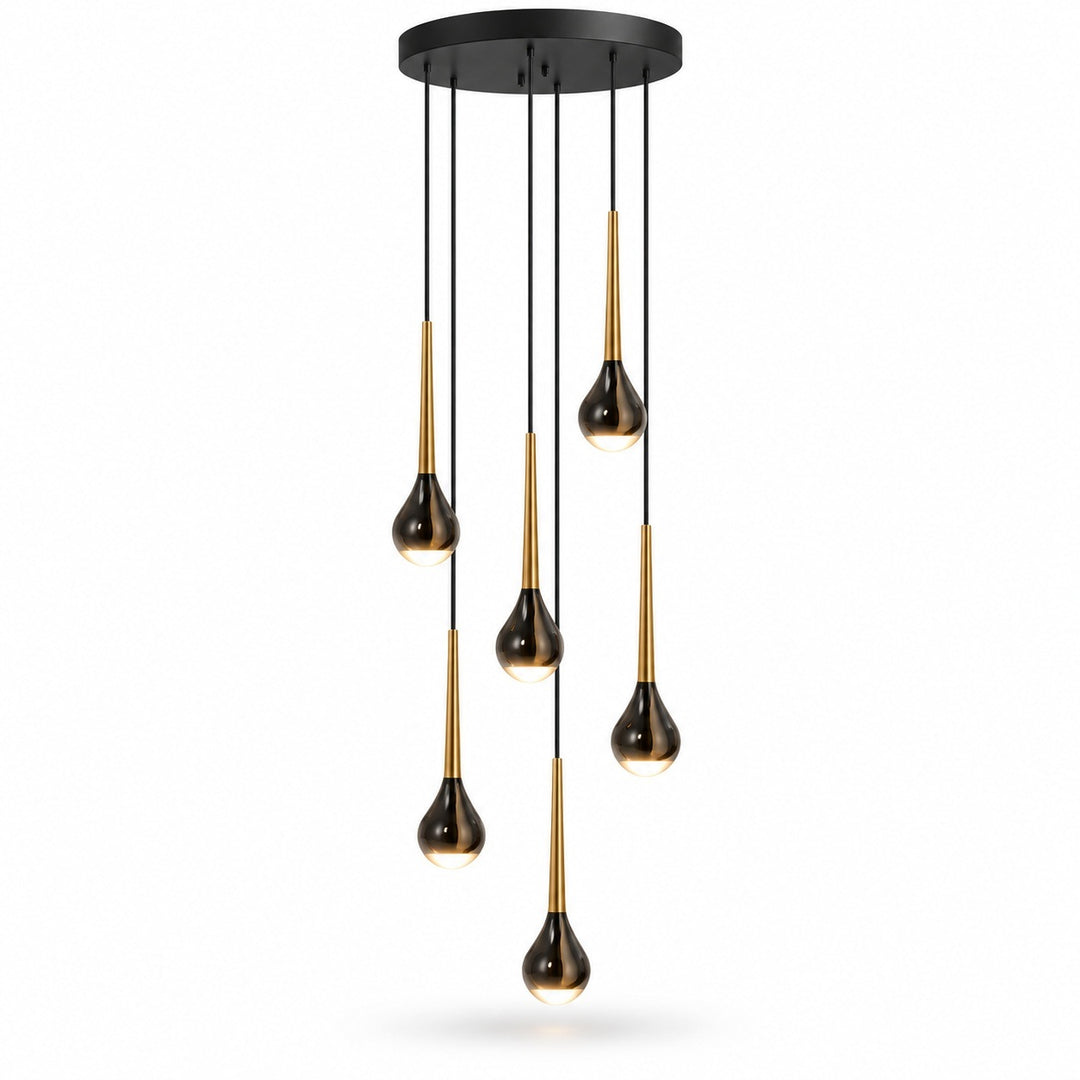 Modern multi-light chandelier with six teardrop-shaped black glass shades hanging from a black circular canopy, each accented with a brushed gold inner tube, shown on a white background.