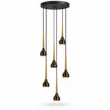 Modern multi-light chandelier with six teardrop-shaped black glass shades hanging from a black circular canopy, each accented with a brushed gold inner tube, shown on a white background.
